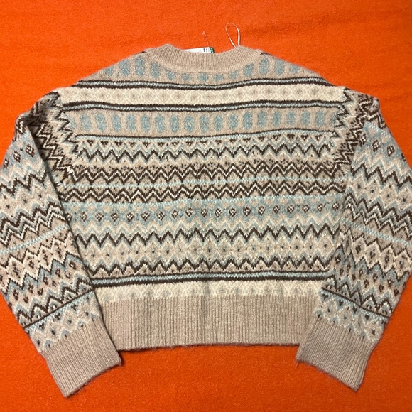Retro cream & blue Scottish jacquard wool blend knit cropped V-neck sweater NWT - Picture 7 of 8
